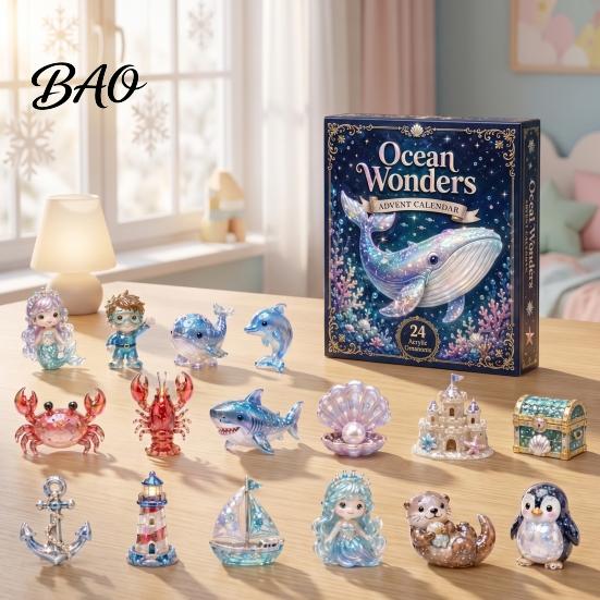 Weihnachtsgeschenk für Freunde Familie 2026 Meeresbewohner Adventskalender, 24-teiliges Acryl-Schmuckset mit festlicher Dekoration für Zuhause Meerestierfiguren,