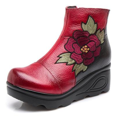 High Heels Emboridery Flower Ankle Boots Woman Wedges Heeled Platform Shoes Winter Fur Sneakers Woman Chunky Punk Ethnic Boots