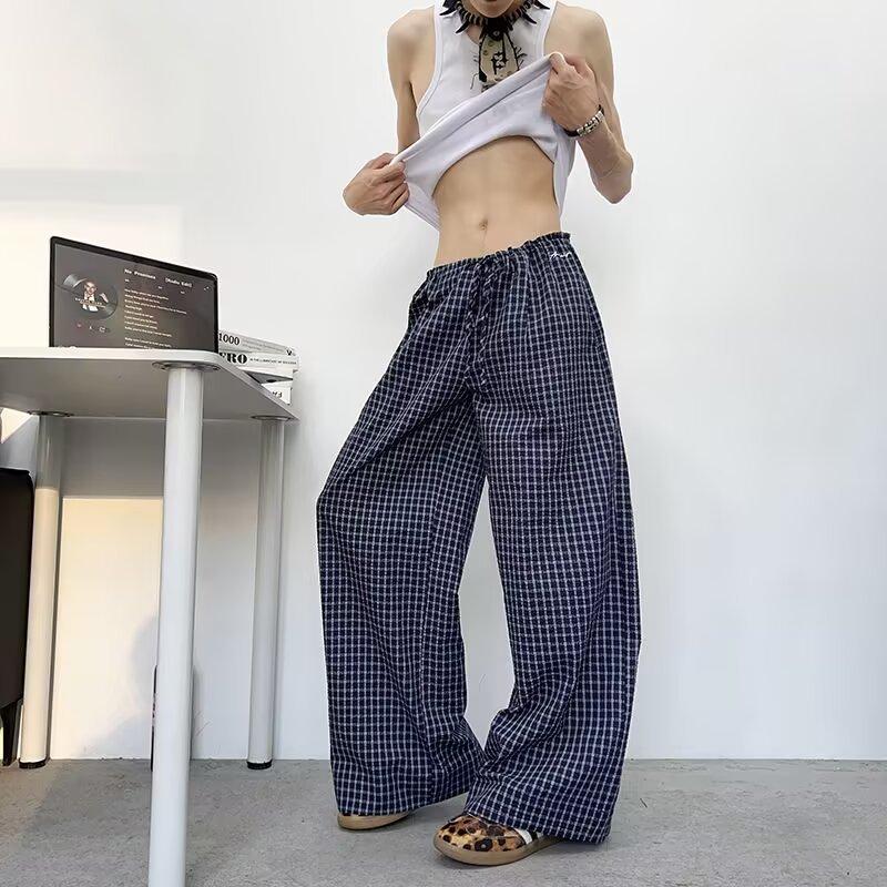 Summer thin plaid casual pants boys trendy brand loose drape straight trousers lazy wind mopping pants