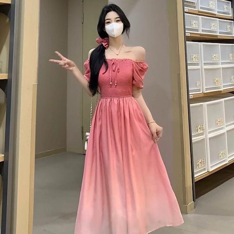 Summer 2025 Pink Gradient Pleated Dress: Elegant, Slim-Fit, Mid-Length, Waist-Cinching, Tummy-Hiding L fits 110-125 jin