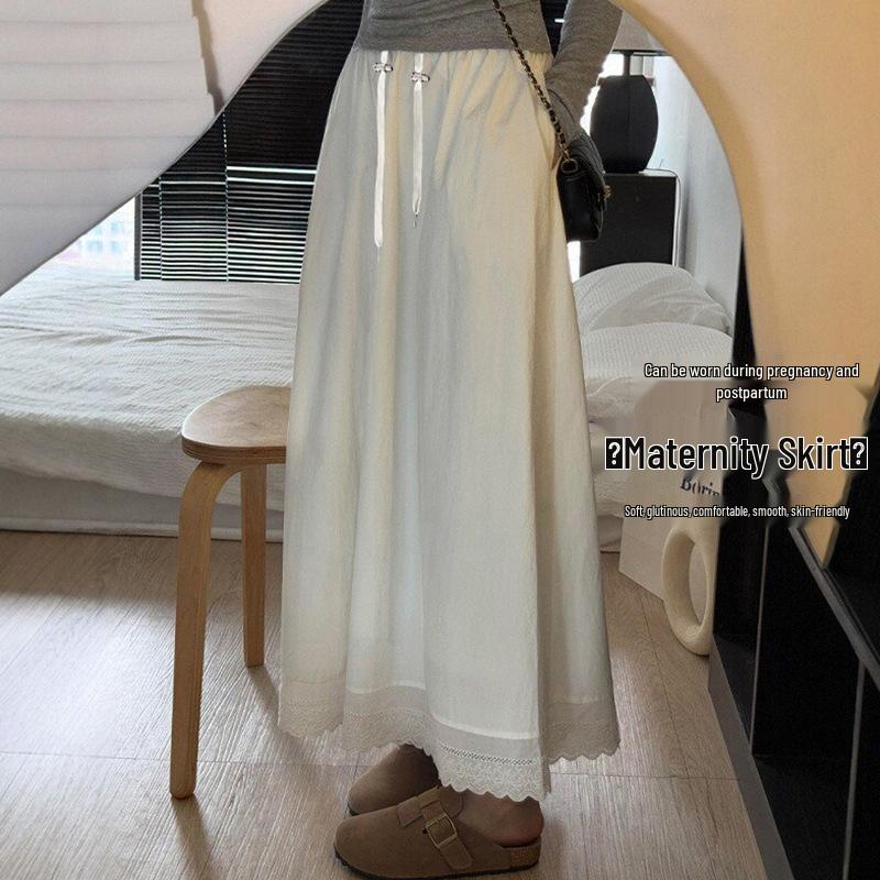 Women s Summer White Lace Trim Midi A-line Maternity Skirt – Slimming Hip Coverage L