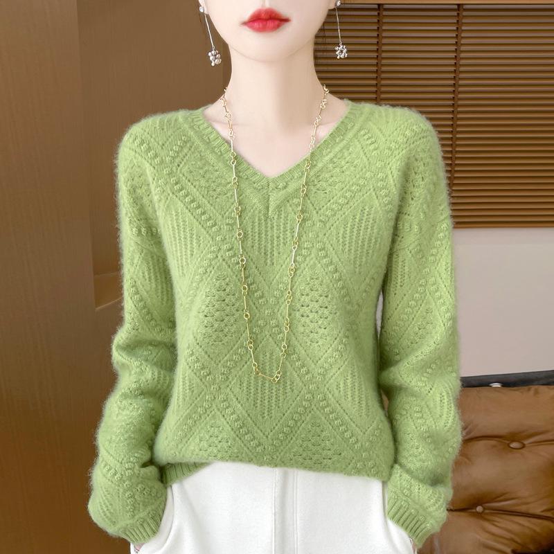 2024 Autumn/Winter Pure Wool V-Neck Loose Fit Women's Sweater with Hollow Diamond Cable Knit Design