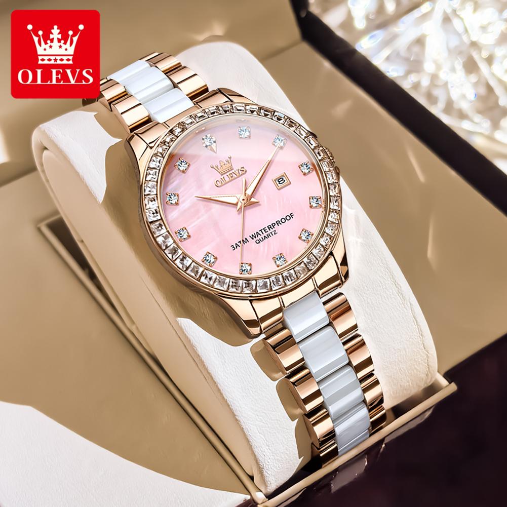 OLEVS Elegant Fashion Women's Watches Stainless Steel Ceramic Strap Original Brand Quartz Wristwatch for Lady Waterproof Date