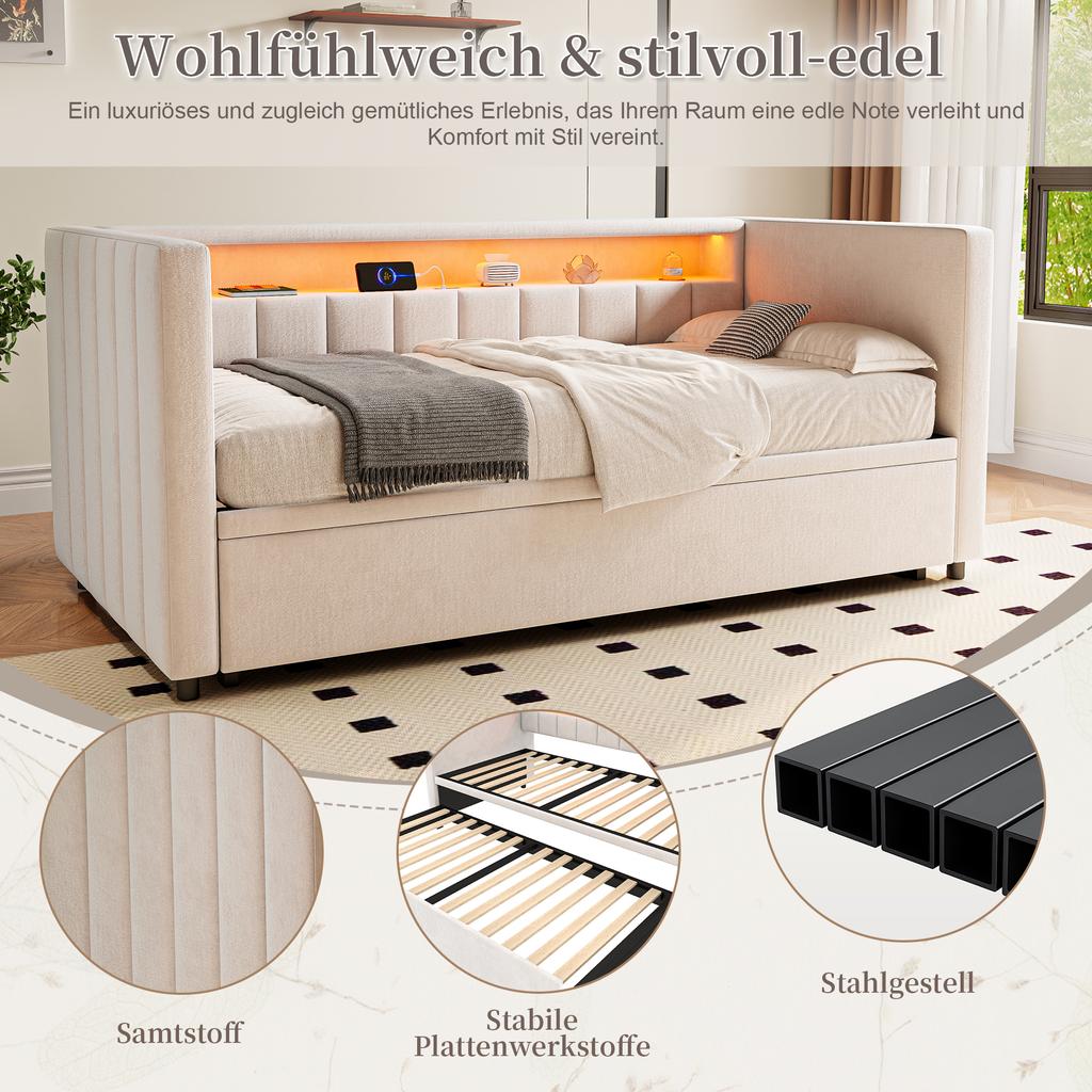 Sofá cama multifuncional 90x190 cm con cama extraíble, puerto USB-C, ambiente LED, funda de terciopelo – para salón, habitación de invitados o habitación juvenil. Beige