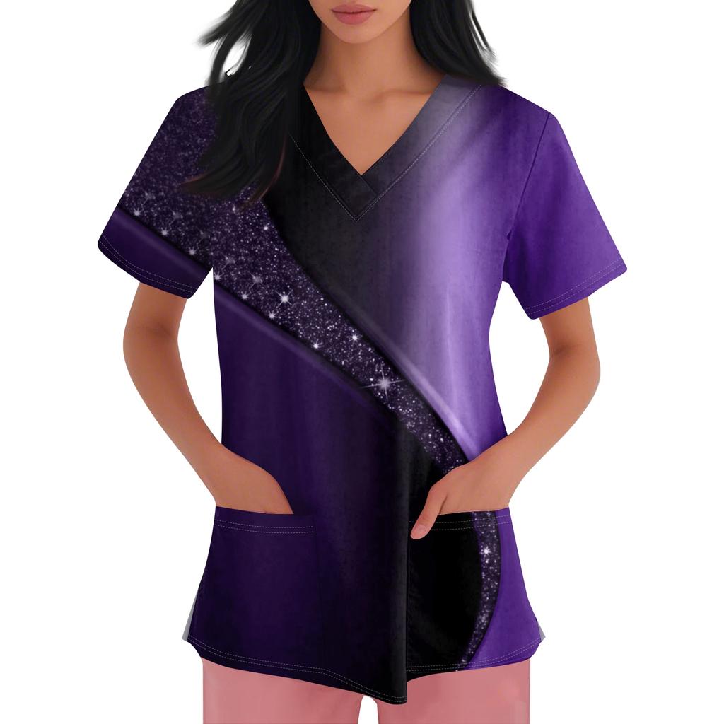 Damen V-Ausschnitt Cartoon-Print Kurzarm Tasche Seitenschlitz Schutzkleidung Oberteil