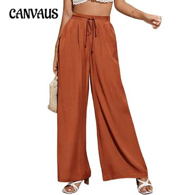 Pantalon décontracté taille haute pour femme d'été, couleur unie, taille élastique, ceinture nouée, pantalon ample à jambes larges