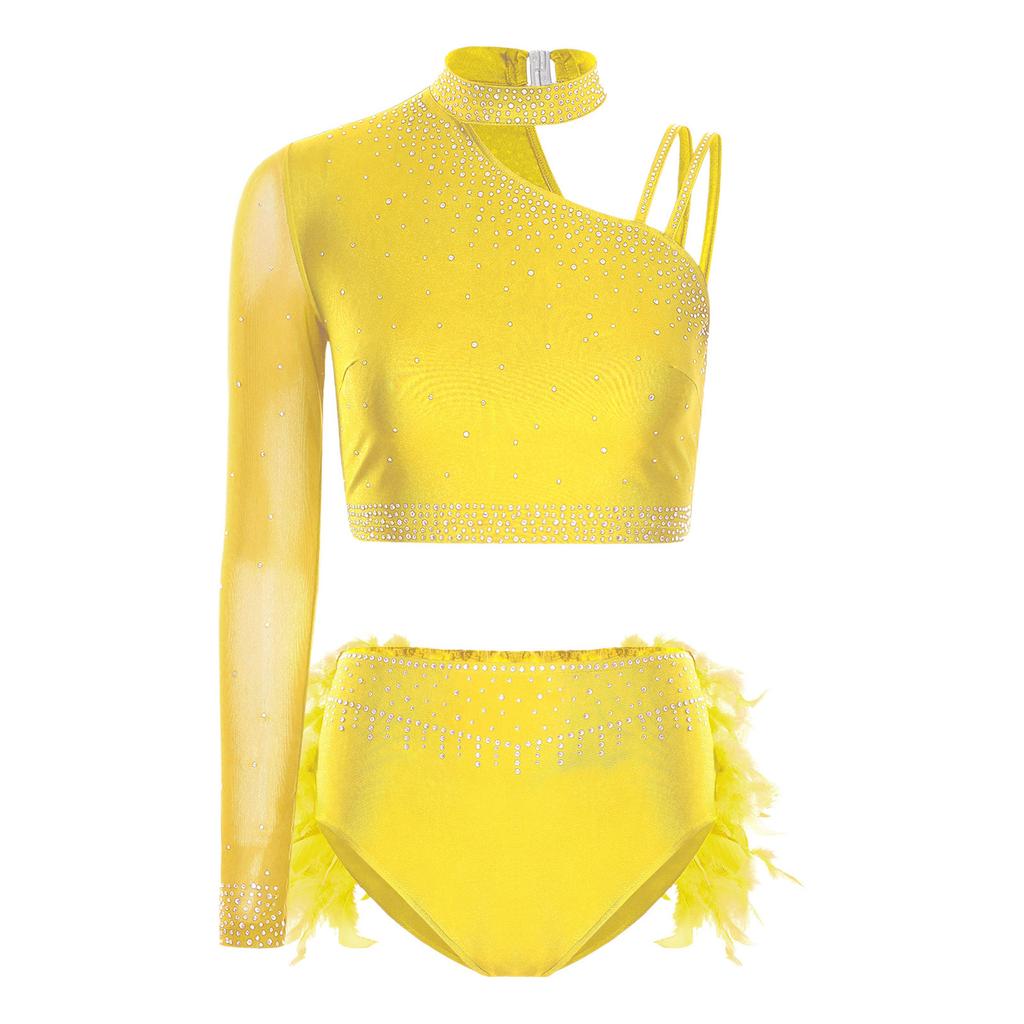Damen Latein Tanz Set Glitzerndes Strass Outfit Ein Schulter Langarm Crop Top & Rückenfeder Slips