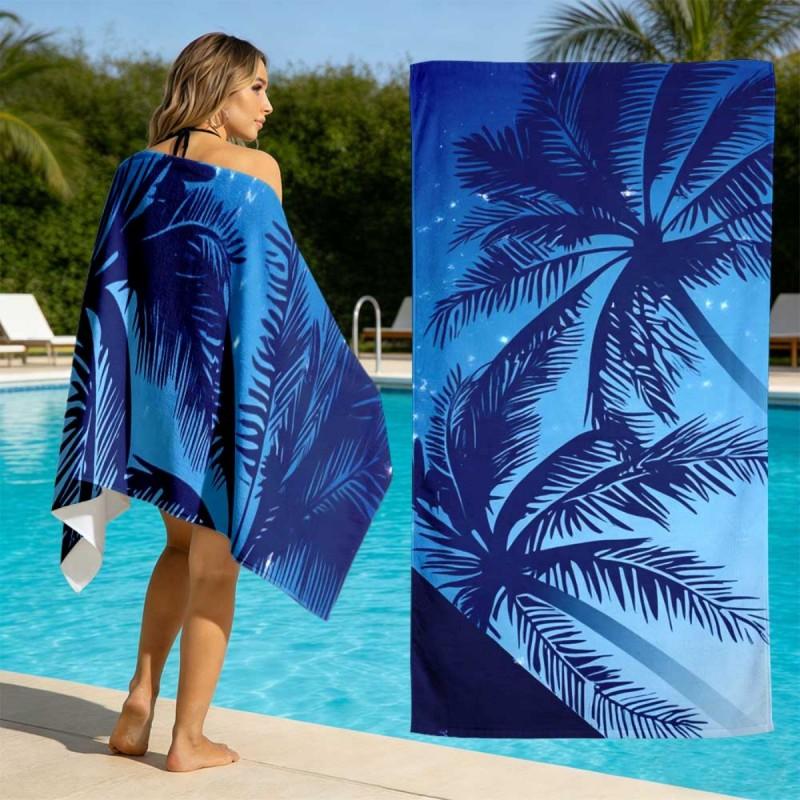 Gradient Blue Palm Tree Silhouette Star Sky Print Microfiber Beach Towel Tropical Seaside Quick Dry Bath Towel