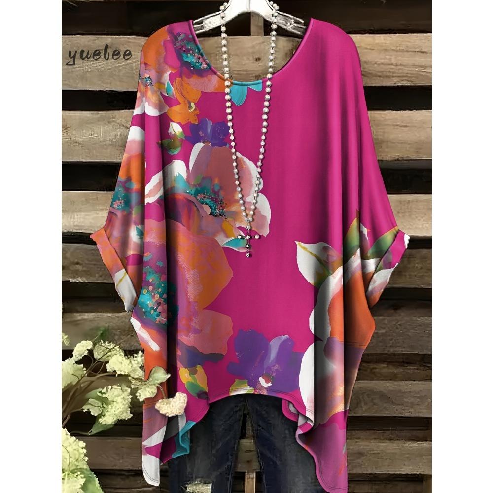 T-shirt da Donna Stampa Floreale Colorata Girocollo Top Orlo Irregolare Manica Corta Taglie Forti Abbigliamento da Donna Casual per Esterno