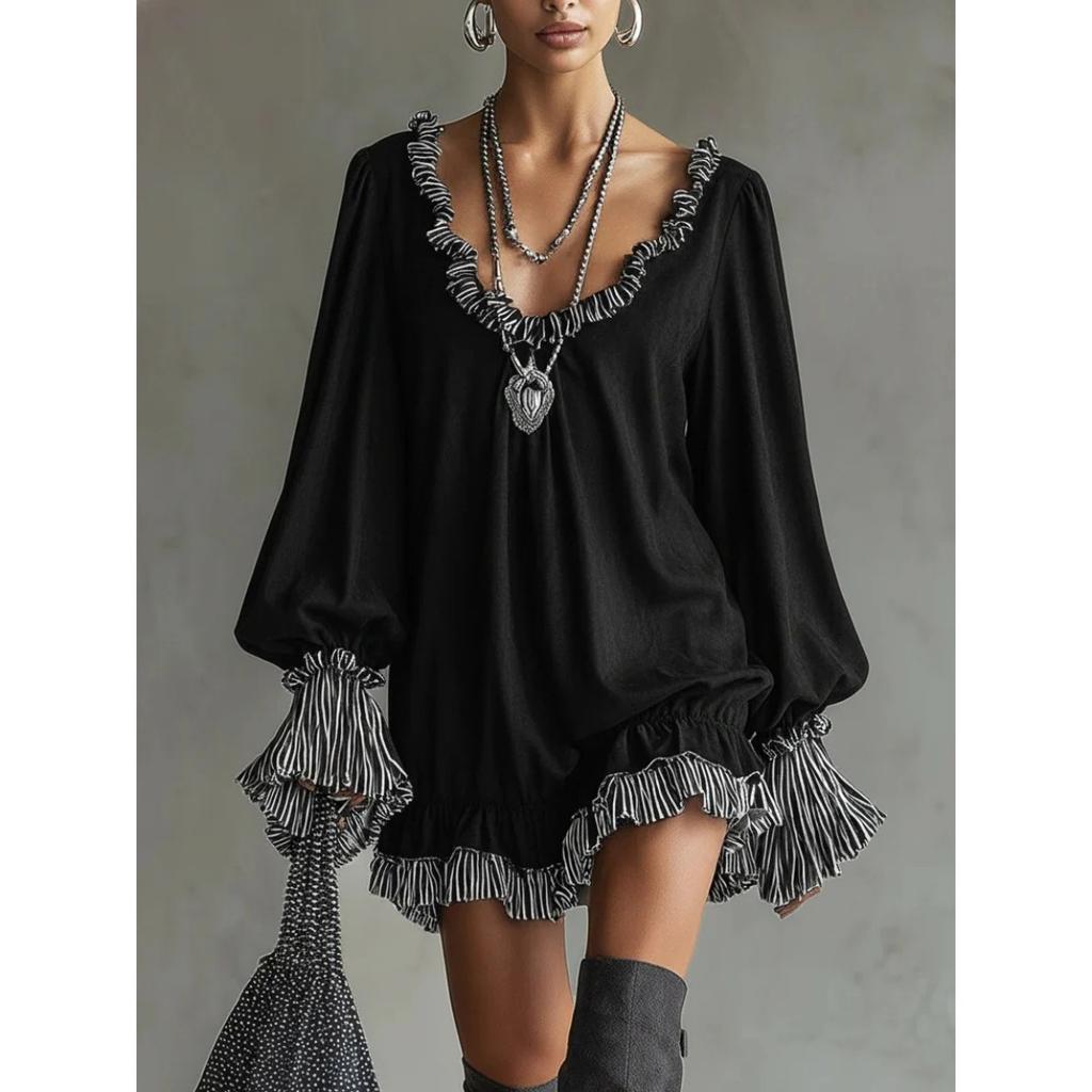 Vintage Black Princess Style Mini Dress, Ruffled Trim Slimming Elegant Dress