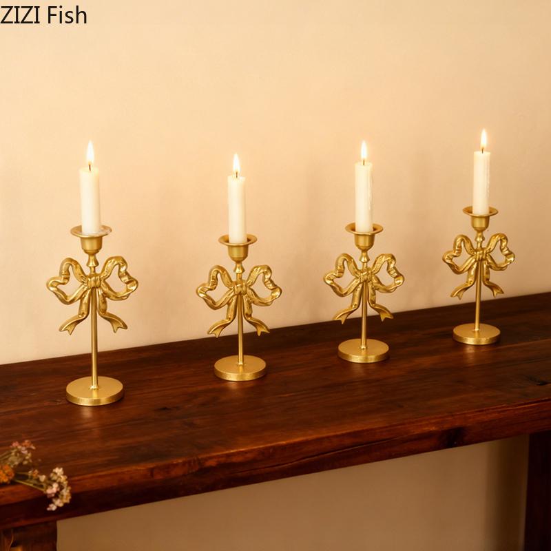 Golden Bowknot Decorative Candle Holder Ornaments Romantic Candlestick Table Decoration Wax Melt Burner Home Aroma Container