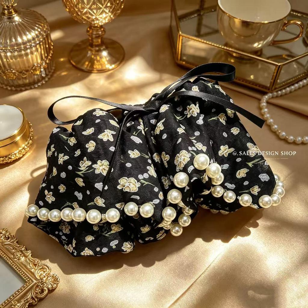 French Retro Floral Pearl Bow Chiffon Hair Clip
