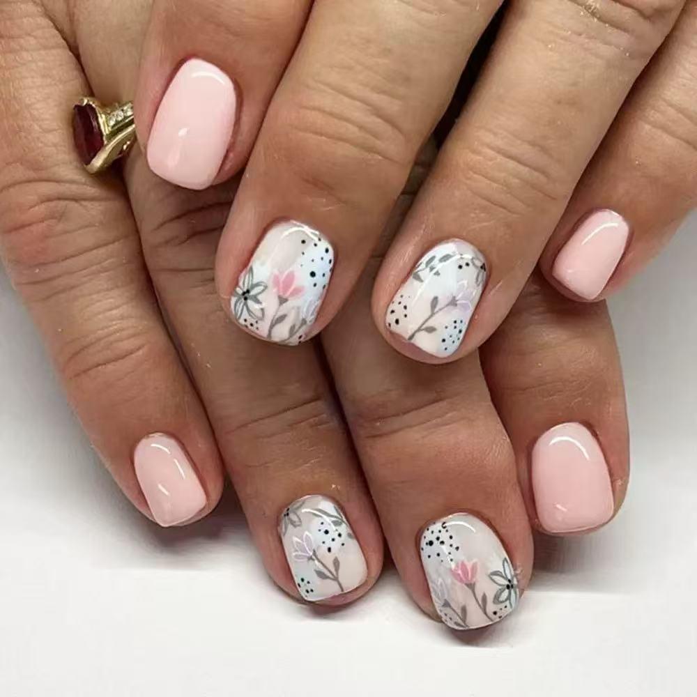 Pink Flower Detachable Wearable Nails - European & American Design False Fingernails