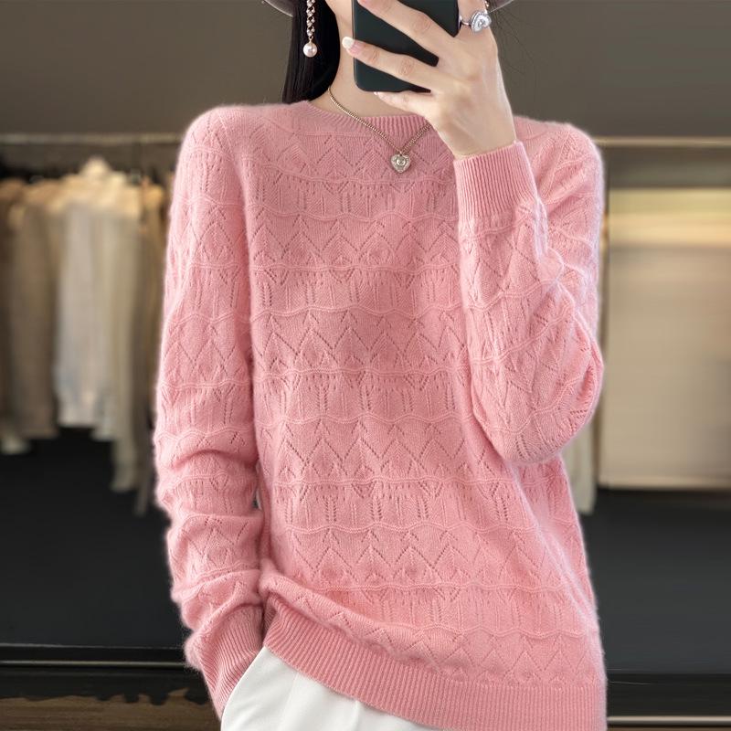 Women's Hollowed-Out Wool Round Neck Sweater - New Style, Loose Fit, Versatile Pullover for Spring and Autumn