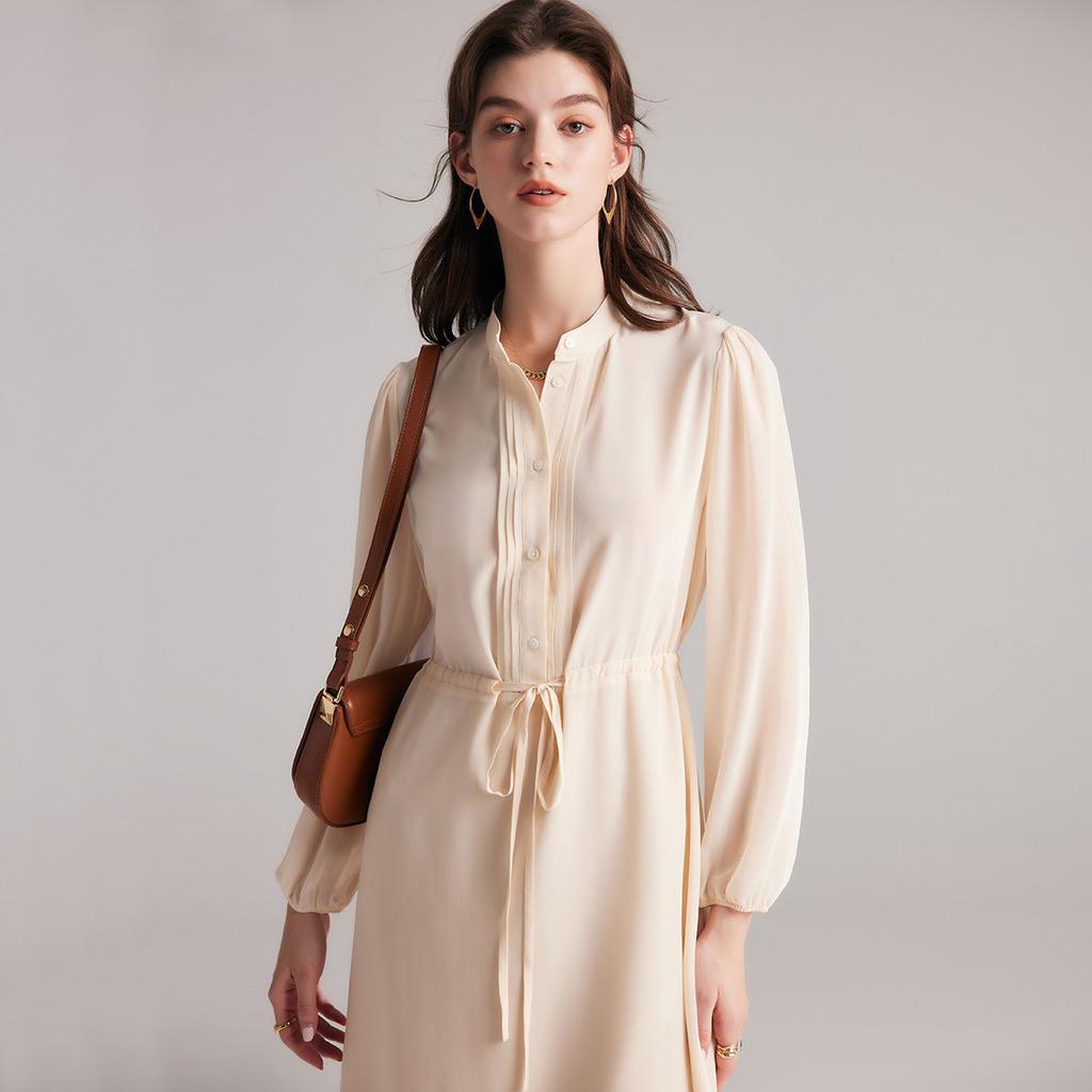 [100% Mulberry Silk] Xia Li collar tie waist slimming long-sleeved silk dress