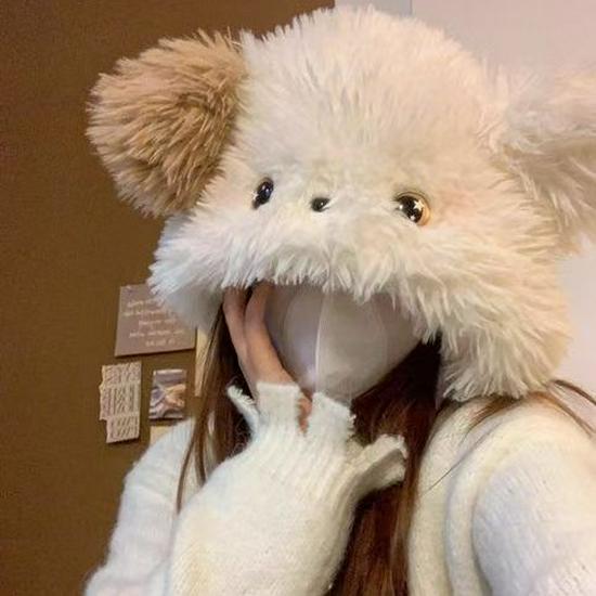 Urocza dwukolorowa pluszowa czapka szczeniaka z rumieńcami i nausznikami dla studentek