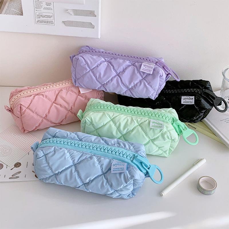 Puffer Leather Pencil Case For Women Vanilla Aesthetic Pencil Pouch With Zipper Stationery Make Up Storage Bag