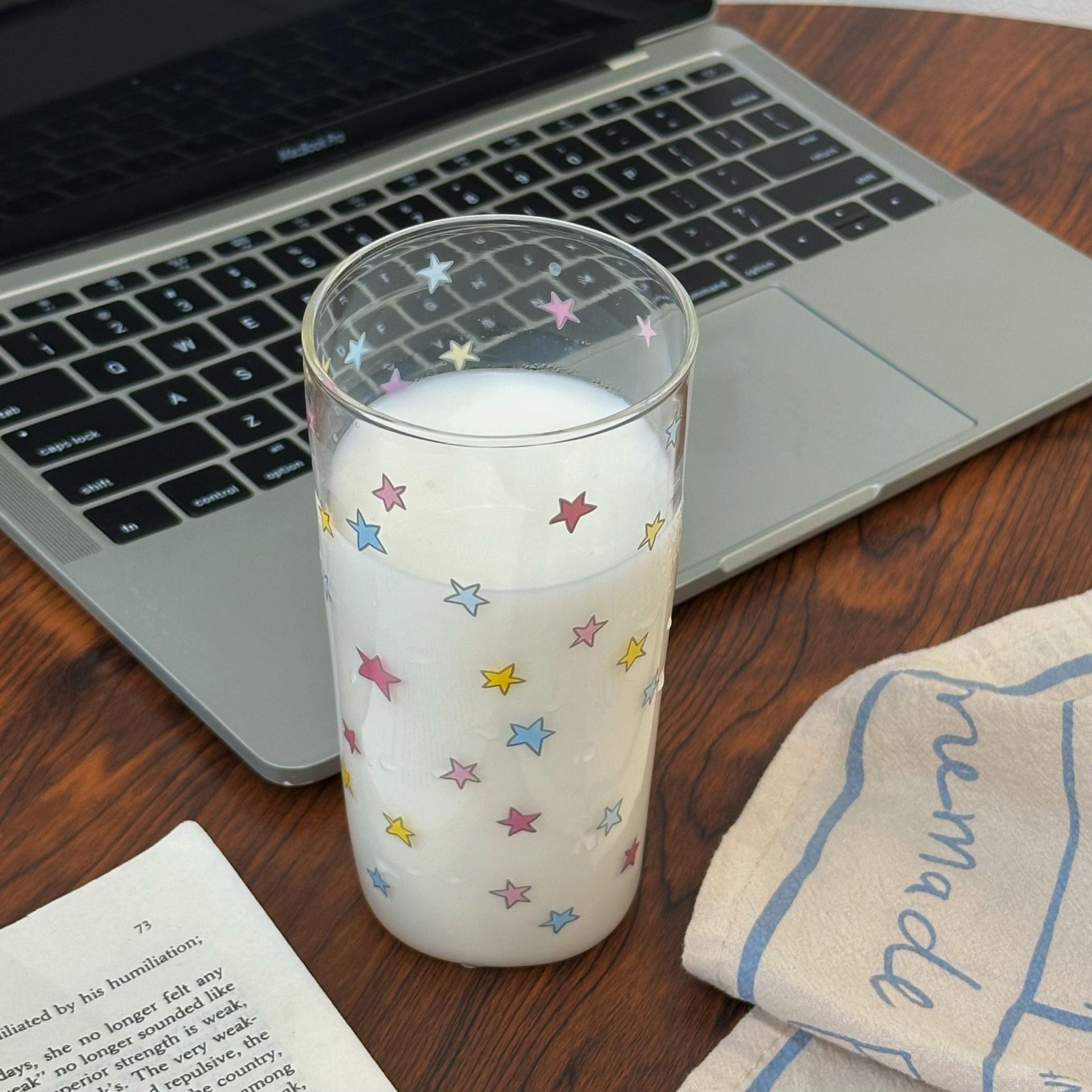 

Colored Star Glass High Value Cold Drink Cup Girl S Heart Summer Juice Cup Large Capacity Breakfast Milk Cup 400-500ml