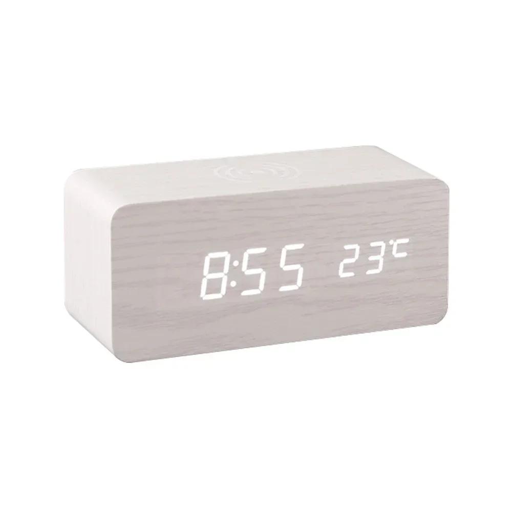 Modern Wooden Wood Digital LED Desk Alarm Clock Thermometer Wireless Charger With Qi Wireless Charging Pad Alarm Clock LED
