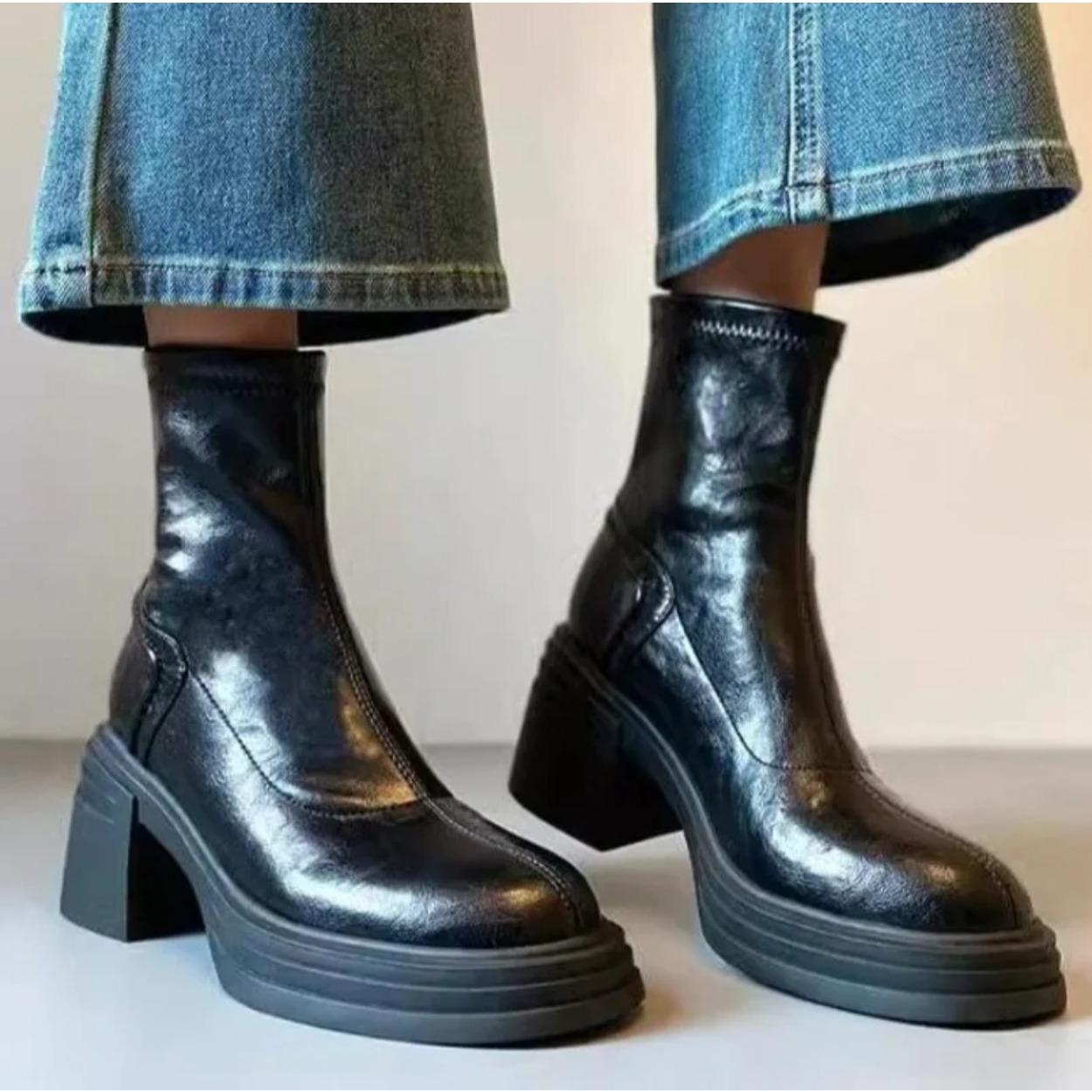 

Женские ботильоны из натуральной кожи стрейч, модная обувь на толстом каблуке, лаконичные короткие ботильоны для женщин, высота каблука 6,5 см 39 чёрный