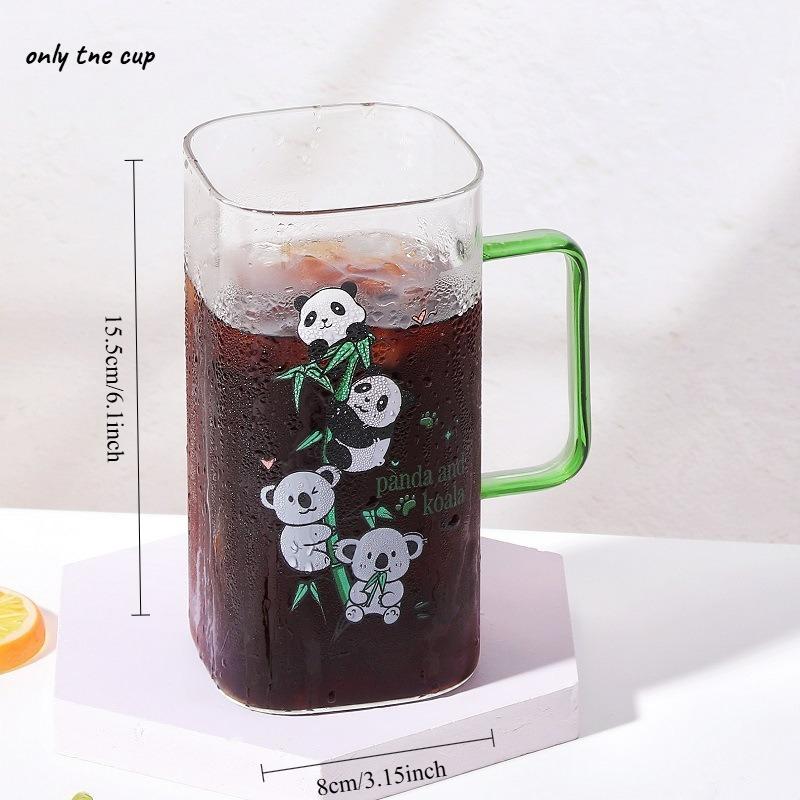 

New Square Glass Large Capacity Water Cup with High Beauty and Cute Cartoon Straws in Summer Creative Handle Cup