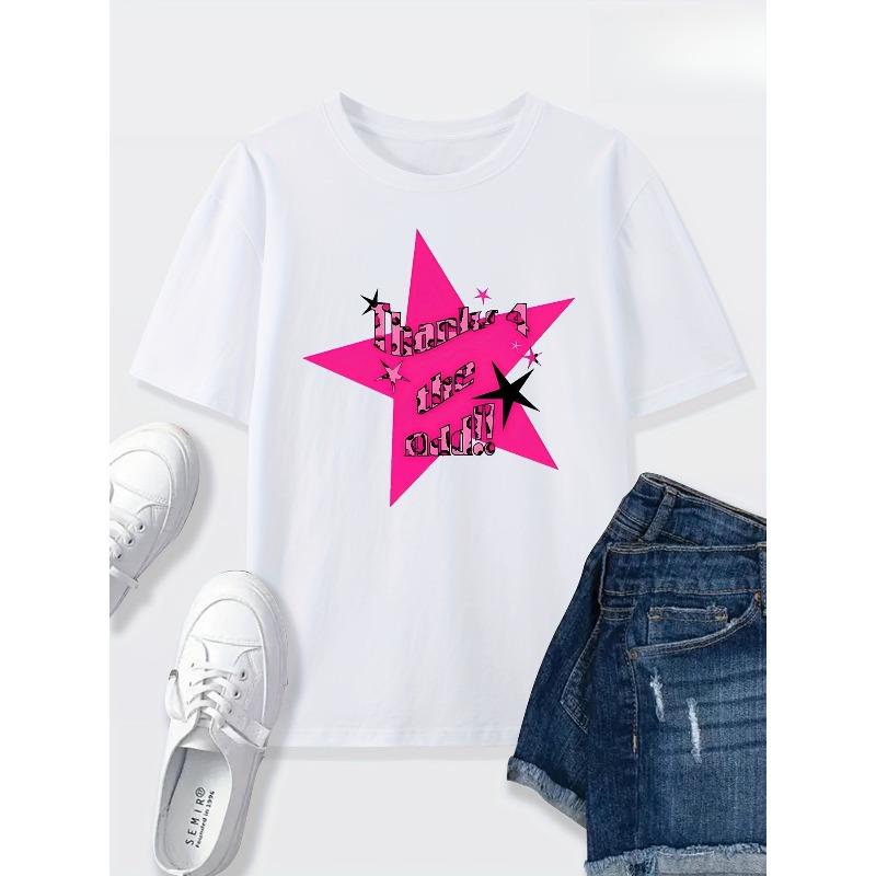 European Size Women's White Polyester T-Shirt with Pink Star Graphic - Casual, Comfortable, and Versatile for Home