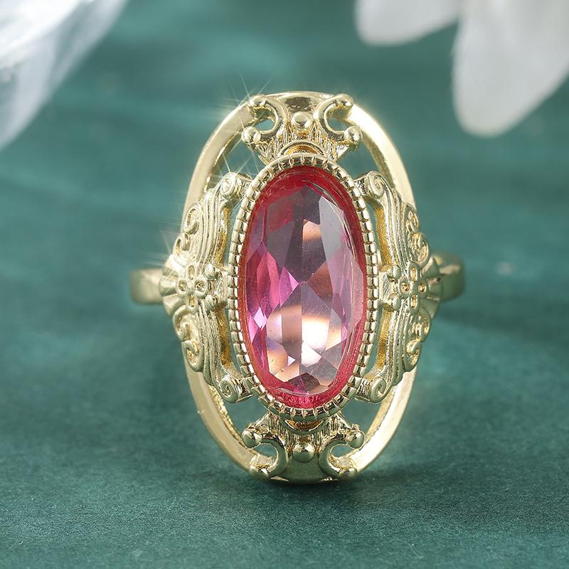 Vintage Inlaid Red CZ Women's Ring Elegant Gold Color Hand Carving Hollow Daily Wear Party Jewelry Anniversary Gift