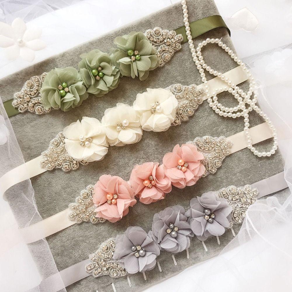 Pearl Embellishment Flower Sash Belt Handmade Beading Rhinestone Waist Band Party Dress Up