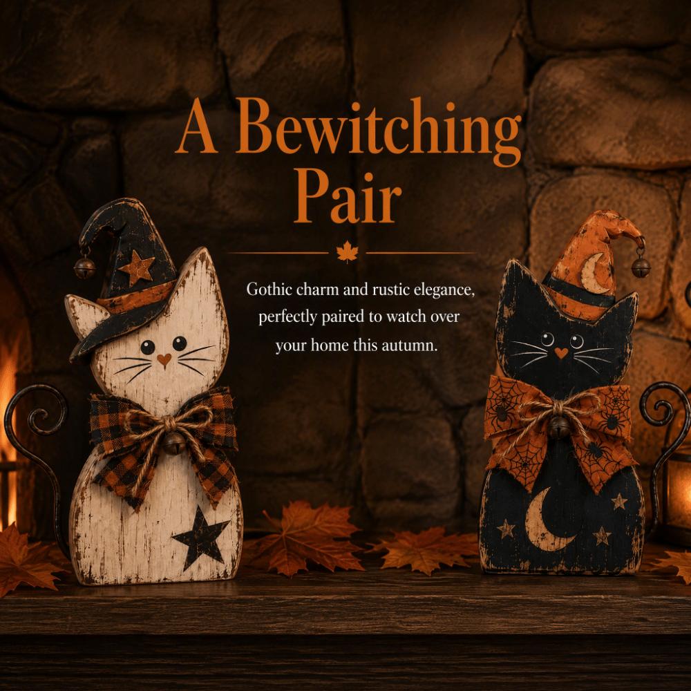 Rustic Witch Cat Decor Double Side Desktop Decoration Wooden Halloween Figurine Indoor Decor