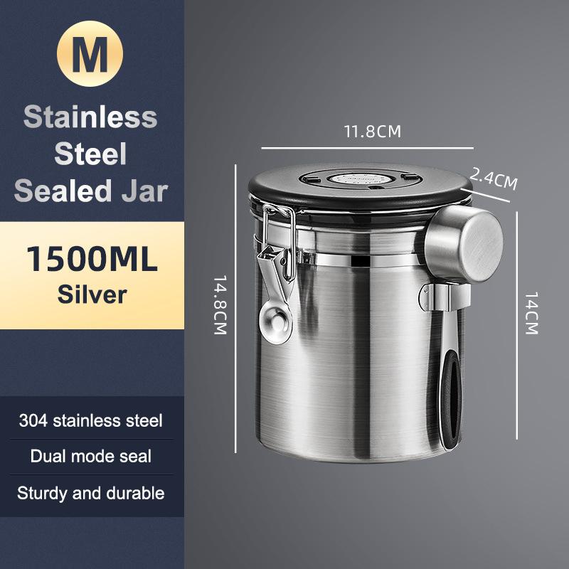 1.2 1.5 1.8L Coffee Bean Jar Airtight Canister Sealed Stainless Steel With Spoon One Way Valve Cannister Coffee Storage Kitchen