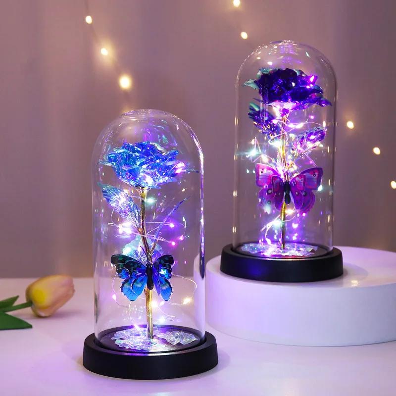 BEPAN Glass Cover Rose Immortality Flower with Lamp Qixi Valentine's Day Gift Creative Decoration Decorations