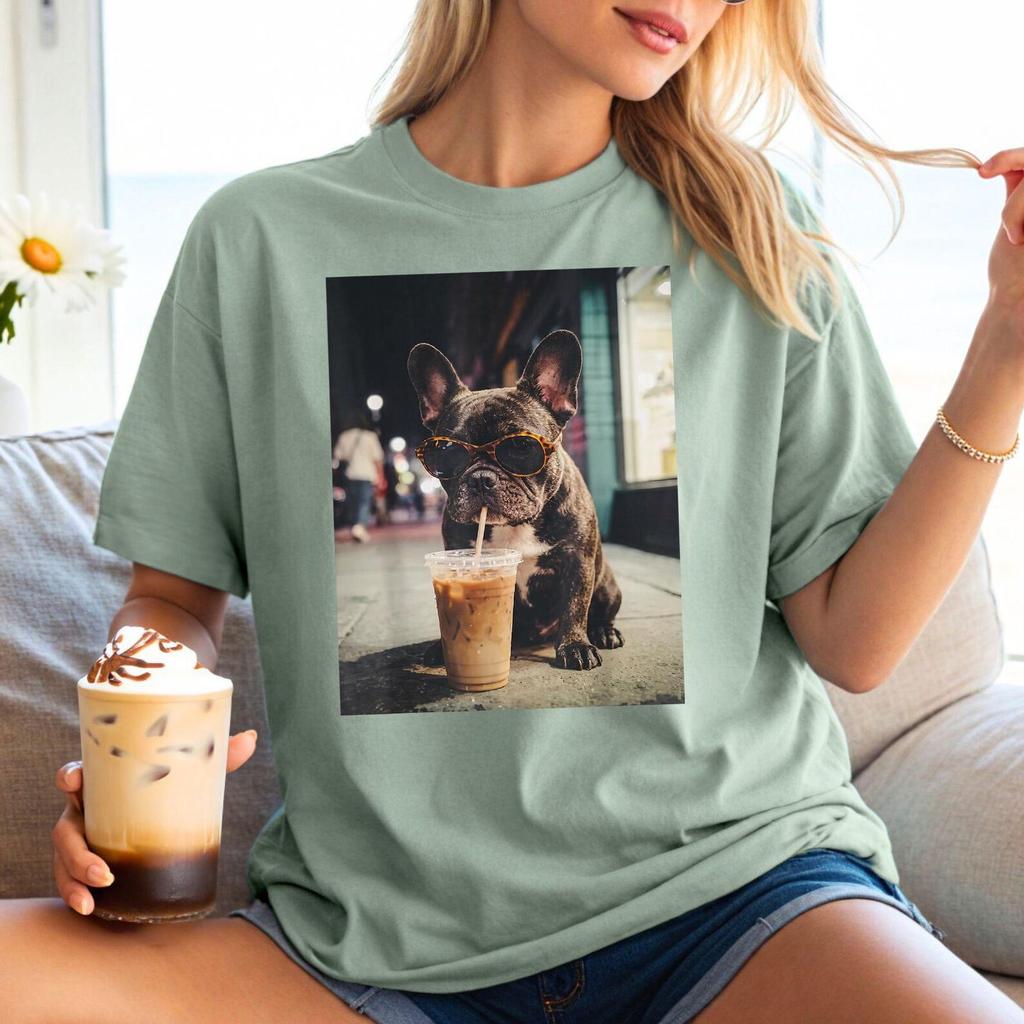 Comfort Colors French Bulldog Iced Coffee Shirt, Funny Dog Coffee Lover Tee, Grunge Frenchie Graphic Tshirt, Funny Dog Lovers Outfit