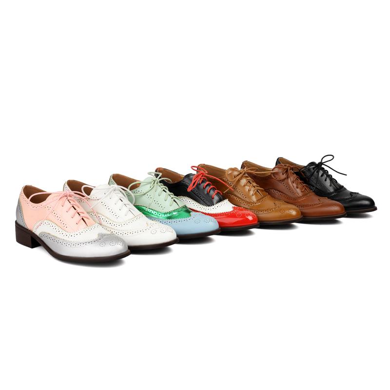 Large Size 45 46 47 Womens British Style Retro Mix Color Oxfords Pumps Round Toe Cross Tied Hollow Cutout Mid Heels Brogue Shoes