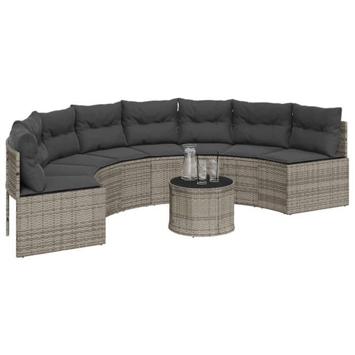 VidaXL Canapé de jardin table coussins demi-rond gris résine tressée, canapé d’extérieur, canapé de forme demi-ronde, canapé 3318527