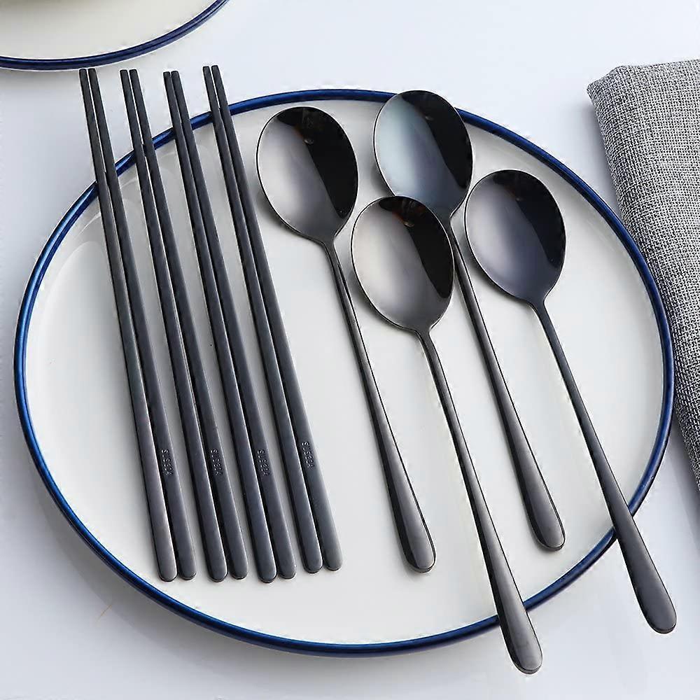 4 Sets Korean Chopsticks Korean Spoons Black Stainless Steel Chopsticks Spoon Service for 4 People