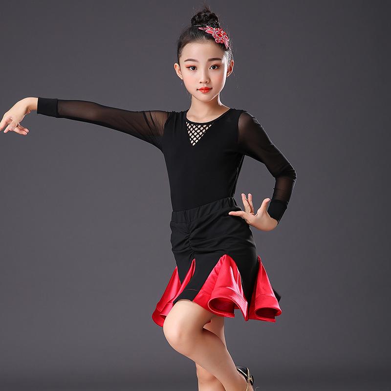 Girls' Exam Grade Latin Dance Costume Set - Long Sleeve Jumpsuit with Skirt for Autumn Practice
