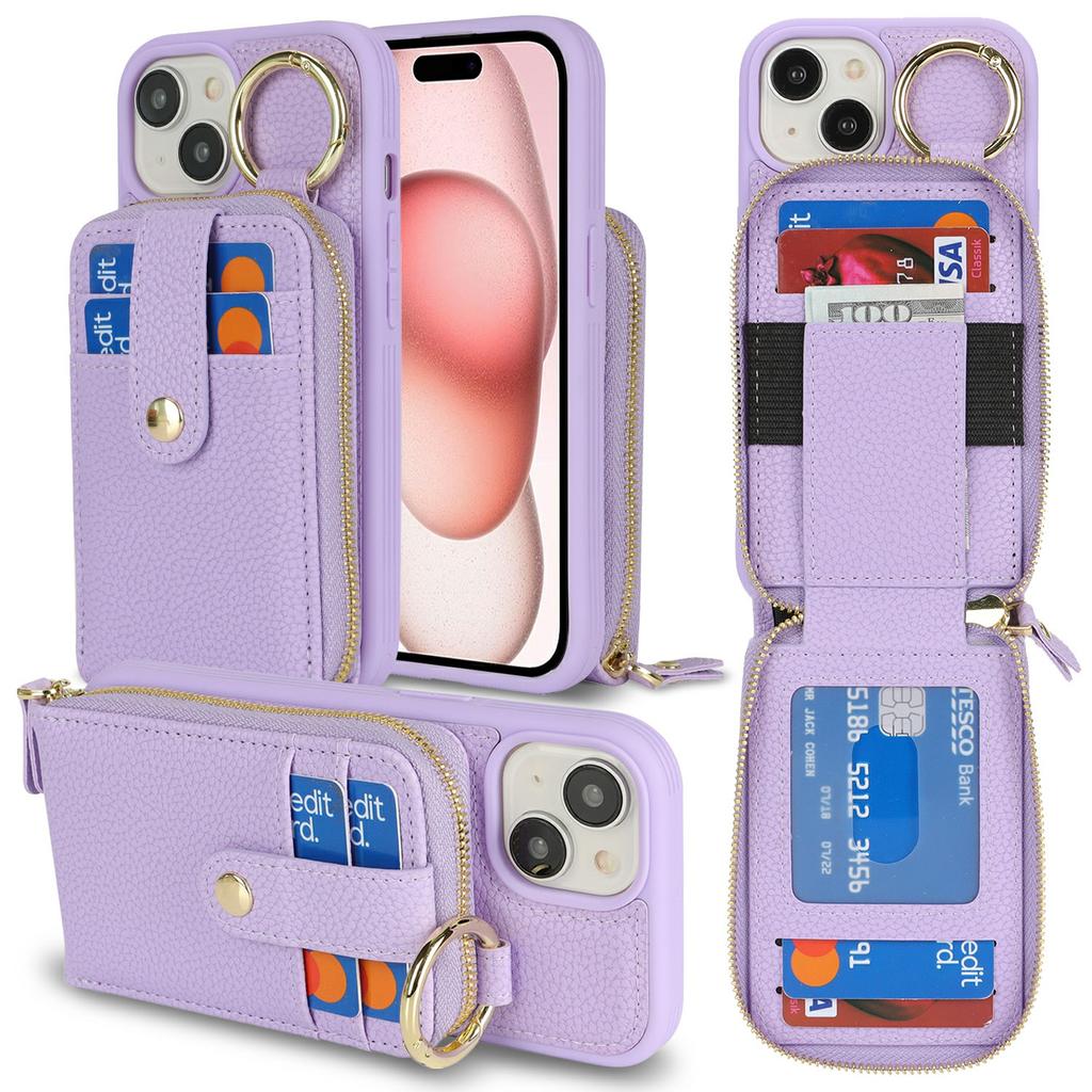For iPhone 15 Case with Zipper Pouch/Ring Kickstand/Strap Litchi Texture PU+TPU Phone Cover