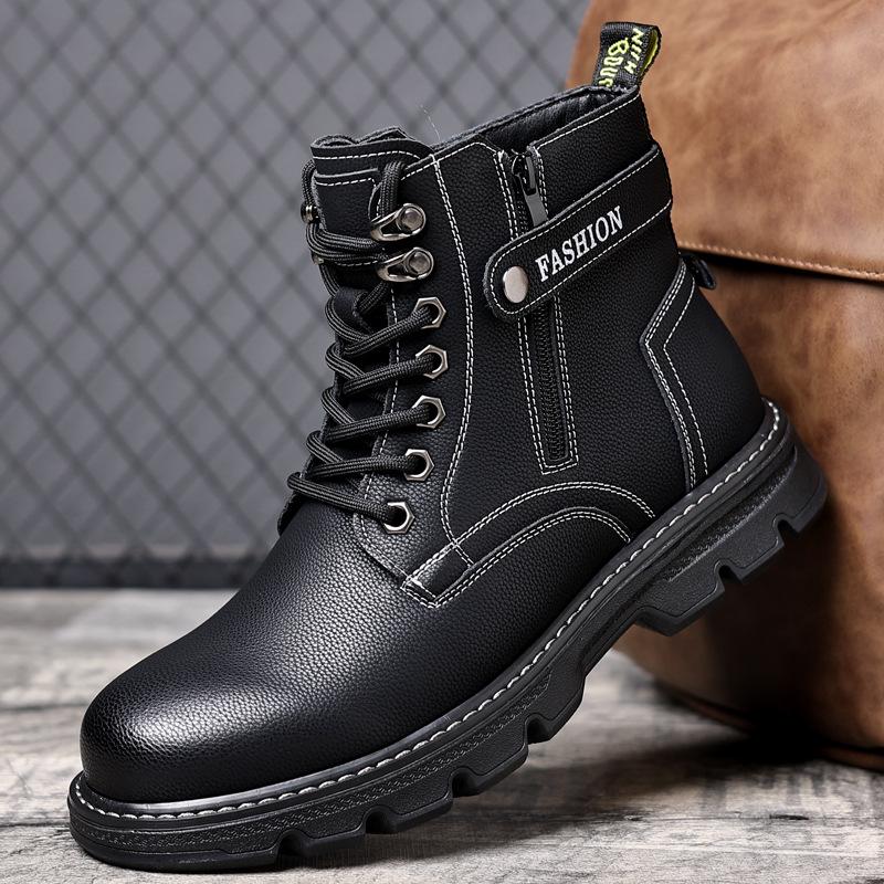 

Men s Trendy Mid-Cut Leather Winter Boots with Velvet Lining - Casual High-Top Work Shoes 44