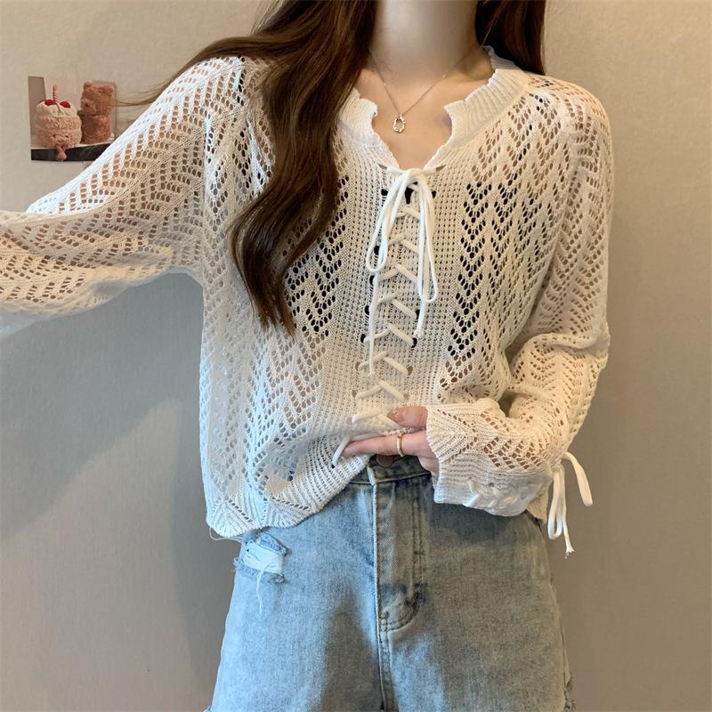 

Ажурный вязаный кардиган тонкая куртка с V-образным вырезом женская летняя нежная и милая верхняя блузка на шнуровке с длинным рукавом Average size 55-81 белый