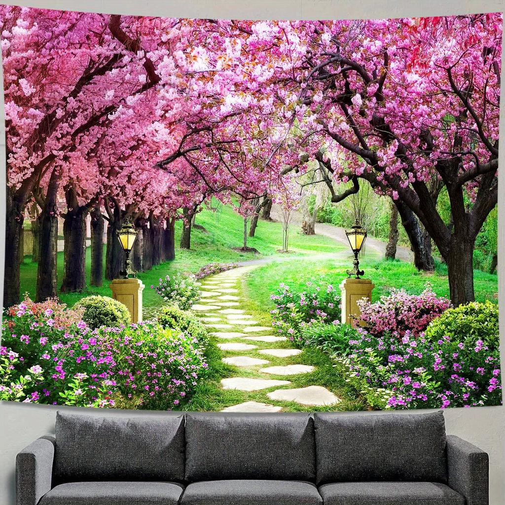 Spring Sakura Vibrant Pink Tapestry Cherry Blossom Tree Design Garden Wall Aesthetic Wall Decor Boho Home Decoration for Bedroom