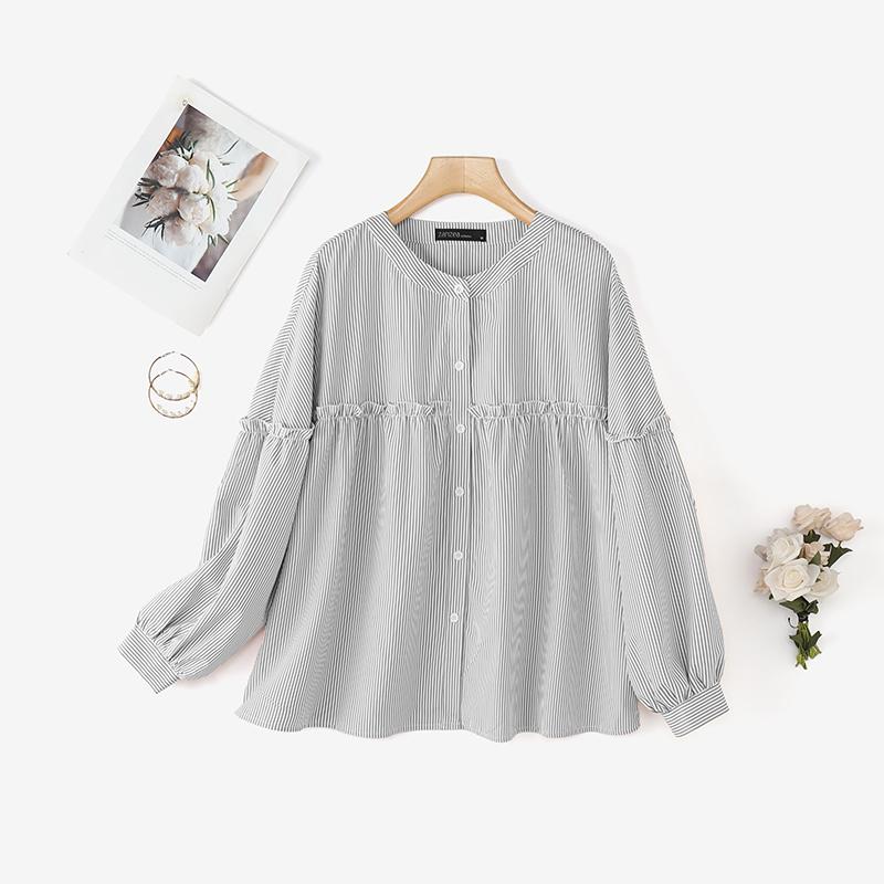 ZANZEA Women Casual Round Neck Loose Long Sleeve Stripe Blouse