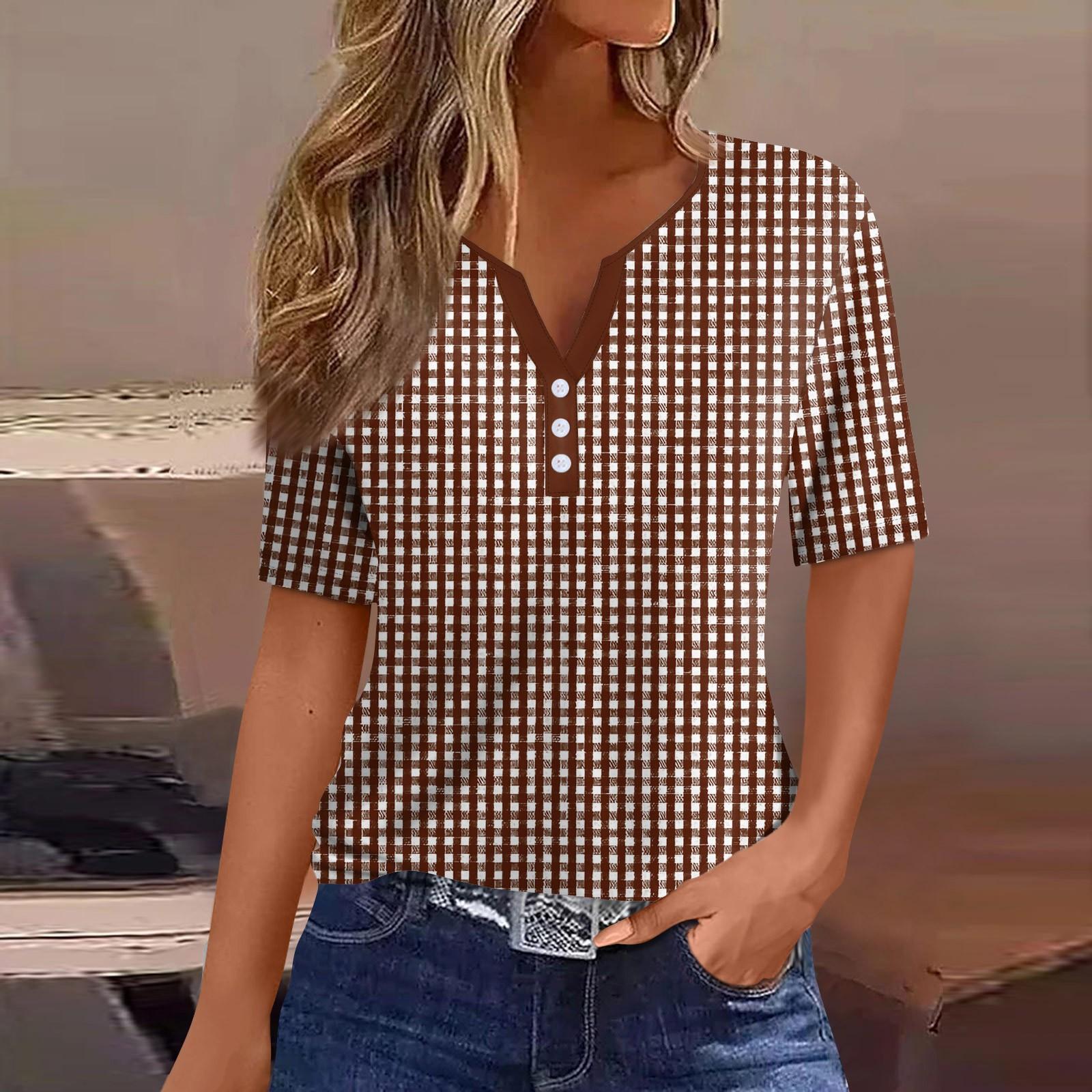 

Women s Fashion Casual Color Plaid Print V-Neck Short Sleeve Decorative Button T-Shirt Tops XXXL