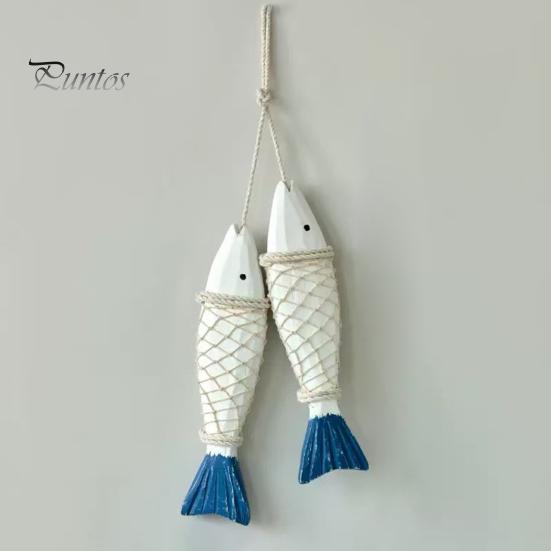 Ocean Inspired Wall Art Rustic Nautical Wooden Fish Decor, Coastal Beach Style Hanging Mediterranean Ornament with Fishing Net for Lake House,