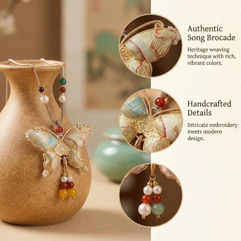 Butterfly Pendant Tassels Necklace Ethnic Style Embroidered Pendant Necklace  Ethnic Fashion