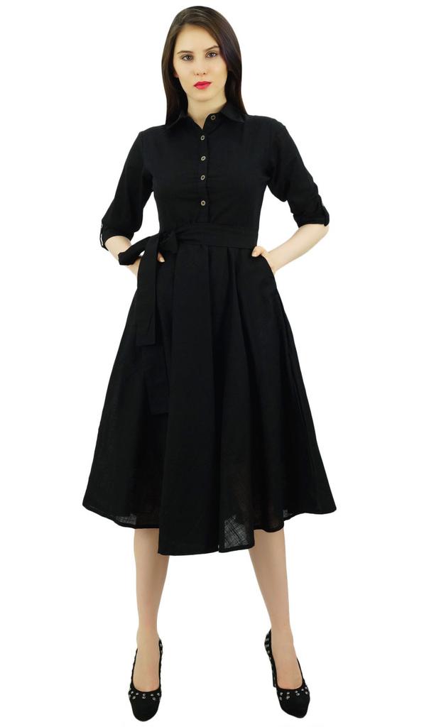 Bimba Women's 3 4 Sleeve Linen Collar Neck Solid Flared Shirt Dress with Side