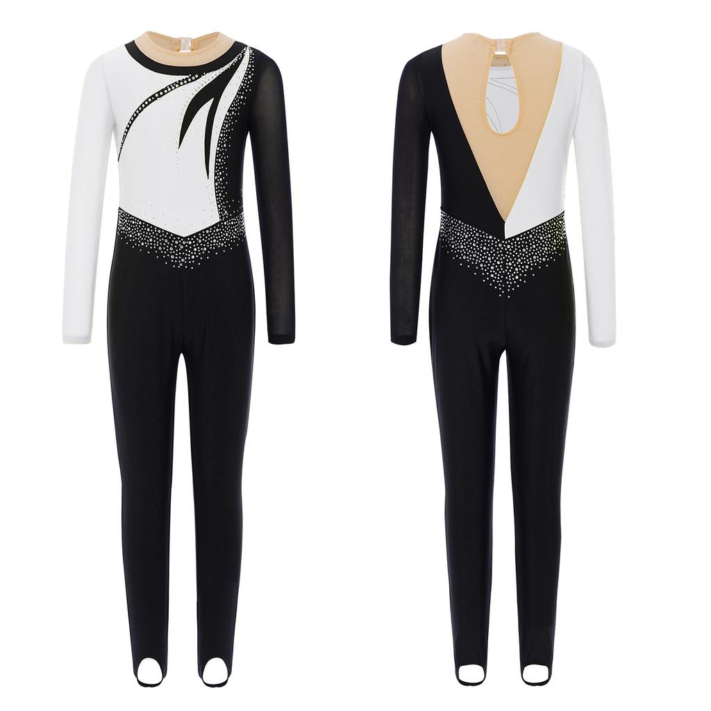 Mädchen Gymnastikkostüm Langarm Mesh Patchwork mit glänzenden Strasssteinen Schlüssellochrücken Tanz Jumpsuit