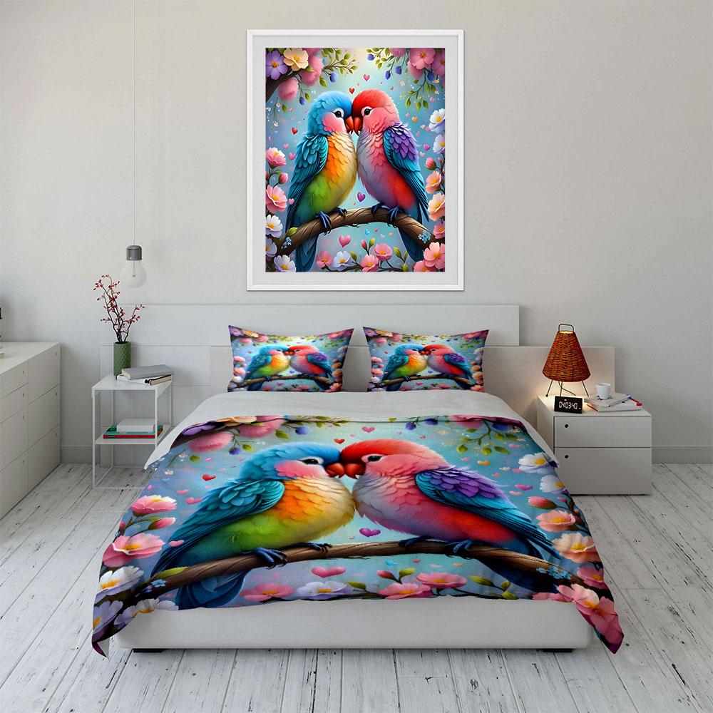 Colorful Lovebirds Blossom Art Bedding Duvet Cover Set (1*Duvet Cover 2*Pillowcases, without duvet insert)