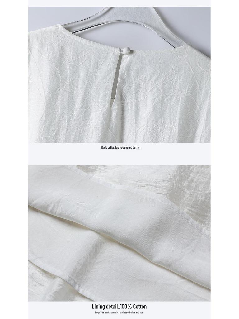 Women's White Cotton Linen Puff Sleeve Belted Midi Dress