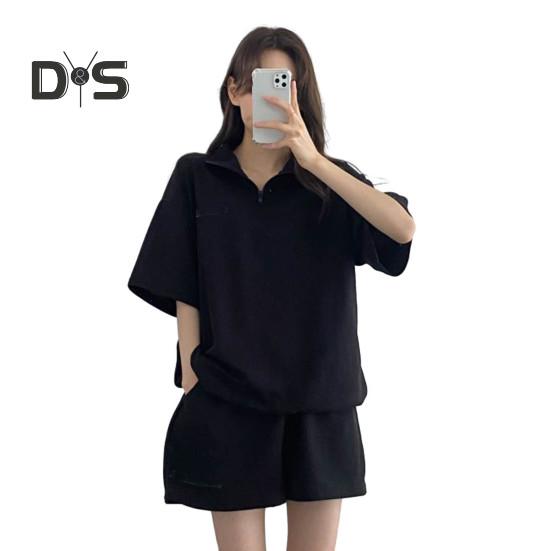 

2 шт./компл., комплект из толстовки и шорт, свободный однотонный комплект с лацканами и половиной рукавов, карманы с эластичной резинкой на талии, воротник на молнии, дышащий мягкий летний спортивный костюм L чёрный