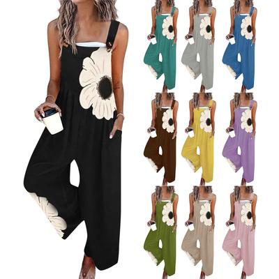 Wide Leg Overalls For Women Casual Loose Sleeveless Print Button Long Pant Romper Jumpsuit With Pockets